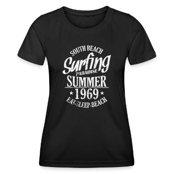 South Beach Surfing Paradise Été 1969 Surf - T-shirt sport Femme - noir - Devant - AI Model Female 172 light (172cm)