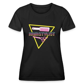 80er Jahre Hairstylist Retro Outfit Haarschnitt - Frauen Funktions-T-Shirt - Schwarz - Vorne - AI Model Female 172 light (172cm)