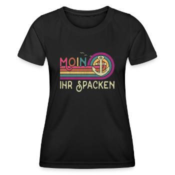 Moin ihr Spacken Nordsee Norddeutsch Plattdeutsch - Frauen Funktions-T-Shirt - Schwarz - Vorne - AI Model Female 172 light (172cm)