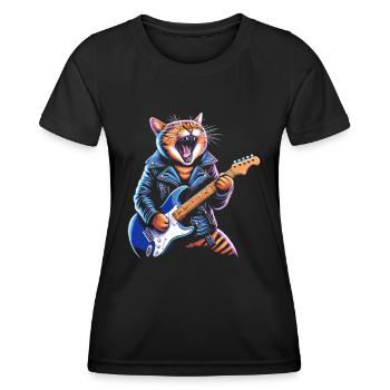 Rock Musik Katze Lustig Humor Geschenkidee - Frauen Funktions-T-Shirt - Schwarz - Vorne - AI Model Female 172 light (172cm)