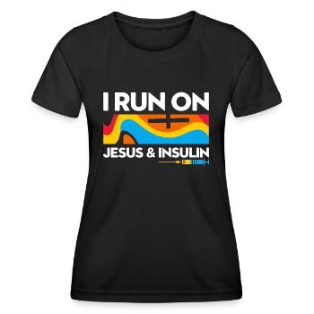 Humorvolles Geschenk: I Run On Jesus & Insulin - Frauen Funktions-T-Shirt - Schwarz - Vorne - AI Model Female 172 light (172cm)