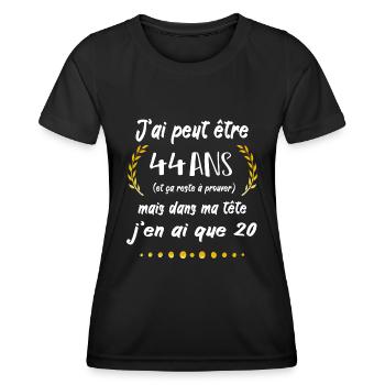 Anniversaire 44 ans - T-shirt sport Femme - noir - Devant - AI Model Female 172 light (172cm)