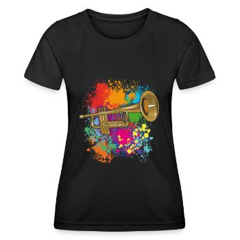 Trompete auf Farbklecksen - Frauen Funktions-T-Shirt - Schwarz - Vorne - AI Model Female 172 light (172cm)
