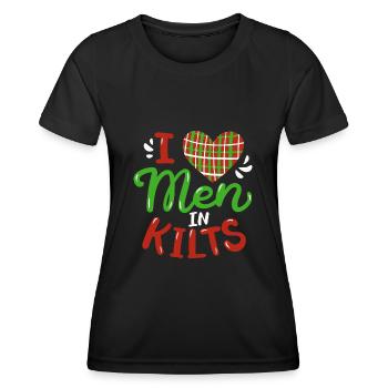 Lustiges I Love Men In Kilts Celtic Plaid Scotland - Frauen Funktions-T-Shirt - Schwarz - Vorne - AI Model Female 172 light (172cm)