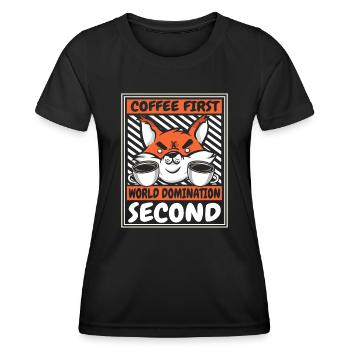 Le café d’abord, puis la domination du monde, le renard roux - T-shirt sport Femme - noir - Devant - AI Model Female 172 light (172cm)