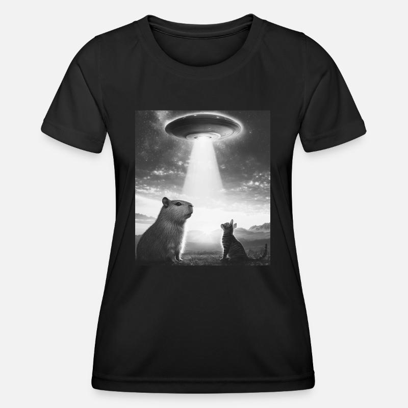 Funny Graphic Capybara Selfie With Ufos Weird - Women's Functional T-Shirt - black
