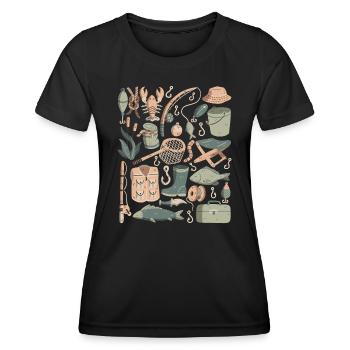 Angeln Doodles Fische Angler Köder Angel Haken - Frauen Funktions-T-Shirt - Schwarz - Vorne - AI Model Female 172 light (172cm)