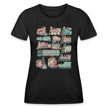 Zug Doodles Lokomotive Eisenbahn Lok Gleise Bahn - Frauen Funktions-T-Shirt - Schwarz - Vorne - AI Model Female 172 light (172cm)