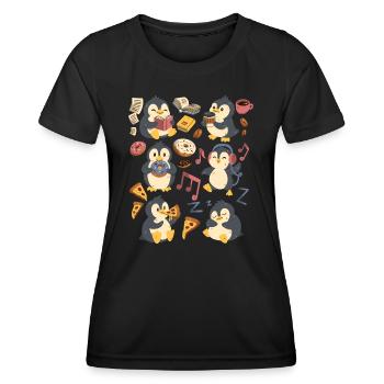 Pinguin: Kaffee, Pizza, Donut, Musik, Buch lesen - Frauen Funktions-T-Shirt - Schwarz - Vorne - AI Model Female 172 light (172cm)