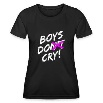 "Boys Do Cry!" Schriftzug mit Pinsel in weiß - Frauen Funktions-T-Shirt - Schwarz - Vorne - AI Model Female 172 light (172cm)