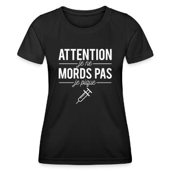 Je ne mords pas je pique humour infirmière - T-shirt sport Femme - noir - Devant - AI Model Female 172 light (172cm)