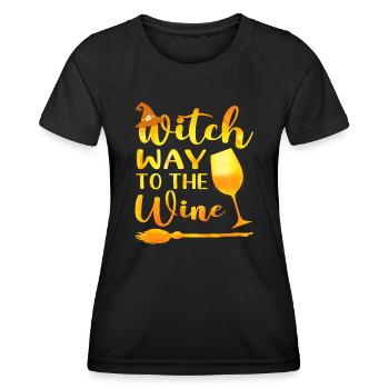 Hexenweg zum Wein Lustiges Halloween-Wein-Wortspiel - Frauen Funktions-T-Shirt - Schwarz - Vorne - AI Model Female 172 light (172cm)