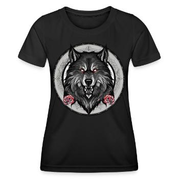 Grimmiger Wolf mit Rosen - Frauen Funktions-T-Shirt - Schwarz - Vorne - AI Model Female 172 light (172cm)