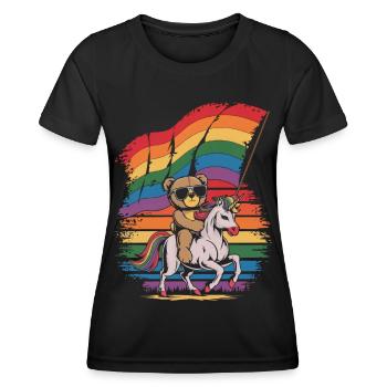 Teddybär reitet Einhorn LGBTQ Regenbogen Fahne - Frauen Funktions-T-Shirt - Schwarz - Vorne - AI Model Female 172 light (172cm)