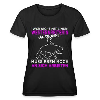 Westernreiten - Westernpferd - Reining - Frauen Funktions-T-Shirt - Schwarz - Vorne - AI Model Female 172 light (172cm)
