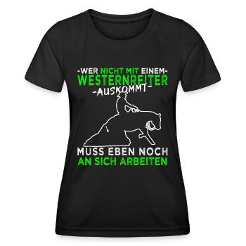 Westernreiten - Westernpferd - Reining - Frauen Funktions-T-Shirt - Schwarz - Vorne - AI Model Female 172 light (172cm)