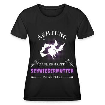 Schwiegermutter Hexe am Besen mit Katze im Anflug - Frauen Funktions-T-Shirt - Schwarz - Vorne - AI Model Female 172 light (172cm)