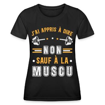Musculation Sport. Citation Sportif Drôle Workout - T-shirt sport Femme - noir - Devant - AI Model Female 172 light (172cm)