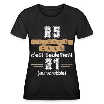 Anniversaire 65 ans. Idée Cadeau Humour Citations - T-shirt sport Femme - noir - Devant - AI Model Female 172 light (172cm)