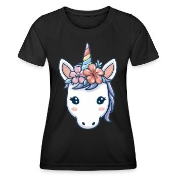 Einhornkopf mit Blumen, weiche Pastell-Fantasy-Kunst - Frauen Funktions-T-Shirt - Schwarz - Vorne - AI Model Female 172 light (172cm)