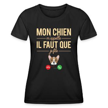 Mon Chien M'Appelle il Faut Que Je File Humour - T-shirt sport Femme - noir - Devant - AI Model Female 172 light (172cm)