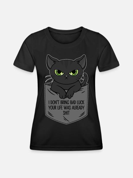 Black Cat Breast Pocket I Bring No Bad Luck - Women's Functional T-Shirt - black