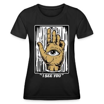 Halloween Eye-catcher: "I See You" - Eye-in-Hand - Women's Functional T-Shirt - black - Front - AI Model Female 172 light (172cm)