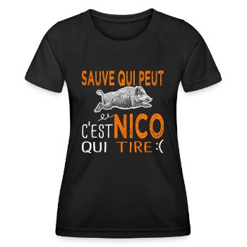 c'est Nico qui tire Humour Nicolas Nicole Chasse - T-shirt sport Femme - noir - Devant - AI Model Female 172 light (172cm)