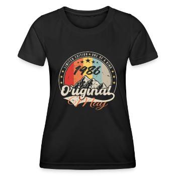 Mai 1986 | Anniversaire 1986 Vintage | May 1986 - T-shirt sport Femme - noir - Devant - AI Model Female 172 light (172cm)