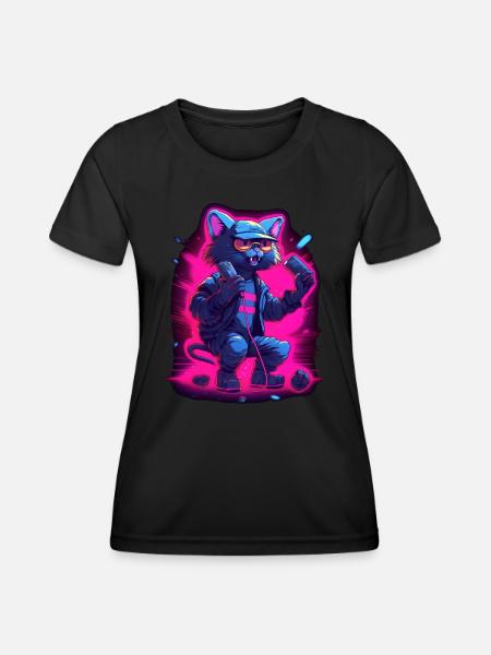 Singende Katze Mikrofon - Frauen Funktions-T-Shirt - Schwarz