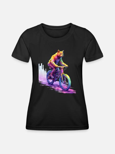 Katze auf Fahrrad, Pixel Art, by NeonCat - Frauen Funktions-T-Shirt - Schwarz