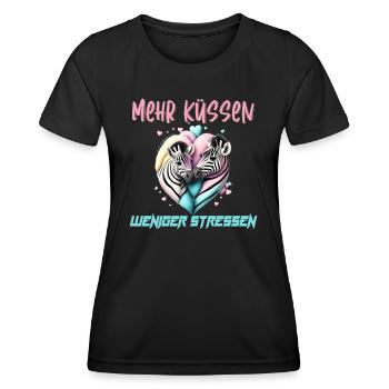 Mehr küssen weniger stressen bunte küssende Zebras - Frauen Funktions-T-Shirt - Schwarz - Vorne - AI Model Female 172 light (172cm)