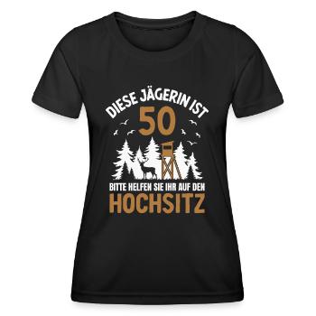 50. Geburtstag Jägerin 50 Jahre Jagd Hochsitz - Frauen Funktions-T-Shirt - Schwarz - Vorne - AI Model Female 172 light (172cm)