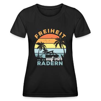 Freiheit auf vier Rädern Camper Palmen Camping - Frauen Funktions-T-Shirt - Schwarz - Vorne - AI Model Female 172 light (172cm)
