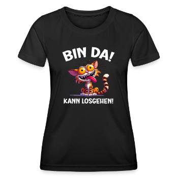 Bin da! Kann losgehen! Freche Katze Sprrüche - Frauen Funktions-T-Shirt - Schwarz - Vorne - AI Model Female 172 light (172cm)
