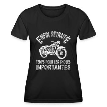 Retraite Motard - Enfin Retraité - T-shirt sport Femme - noir - Devant - AI Model Female 172 light (172cm)