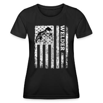 Amerikanische Flagge Schweißschweißmaschinenbau - Frauen Funktions-T-Shirt - Schwarz - Vorne - AI Model Female 172 light (172cm)