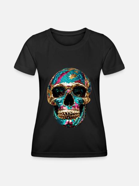 Totenkopf,metallisch,pailletten,nieten,gold,silber - Funktions-T-shirt dam - svart