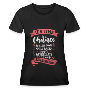 Tasse de thé Time Out pour amoureux du thé - T-shirt sport Femme - noir - Devant - AI Model Female 172 light (172cm)