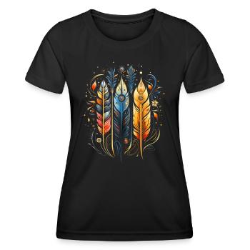 Federn, Boho, Ethno, Style, Muster Tribal Indianer - Frauen Funktions-T-Shirt - Schwarz - Vorne - AI Model Female 172 light (172cm)