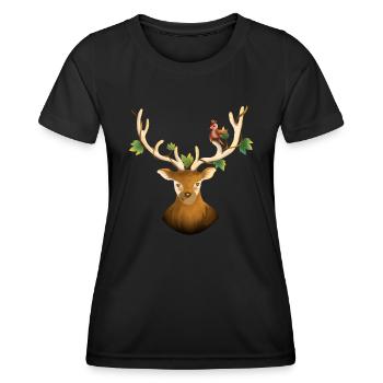 Hirsch oder Waldrentier mit Vogel und Efeu - Frauen Funktions-T-Shirt - Schwarz - Vorne - AI Model Female 172 light (172cm)