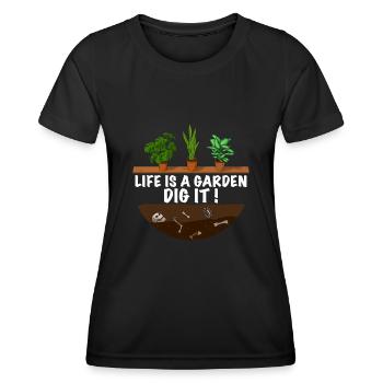 Lustiger Gärtner Spruch Das leben ist der Garten - Frauen Funktions-T-Shirt - Schwarz - Vorne - AI Model Female 172 light (172cm)