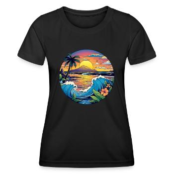 Enchanting waves, sandy beach, palm trees, sea - Women's Functional T-Shirt - black - Front - AI Model Female 172 light (172cm)