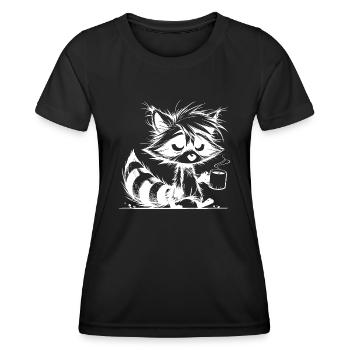 Verschlafener müder Waschbär mit Kaffeetasse - Frauen Funktions-T-Shirt - Schwarz - Vorne - AI Model Female 172 light (172cm)