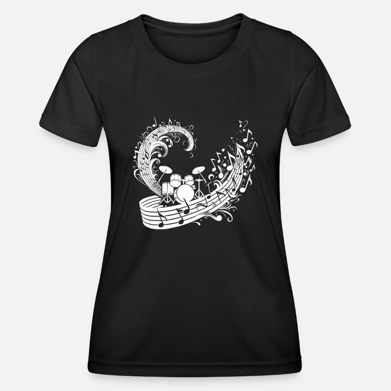 Drums with floating music Notes - Women's Functional T-Shirt - black