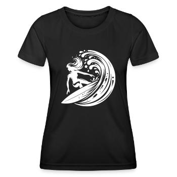 Hübsche Surferin die in großer Welle surft - Frauen Funktions-T-Shirt - Schwarz - Vorne - AI Model Female 172 light (172cm)