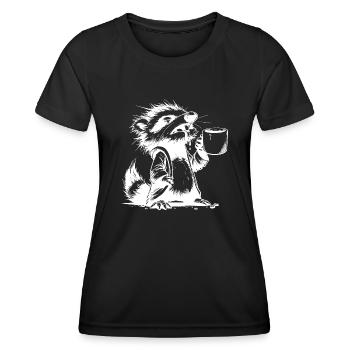 Waschbär mit Kaffeetasse extrem müde Zeichnung - Frauen Funktions-T-Shirt - Schwarz - Vorne - AI Model Female 172 light (172cm)