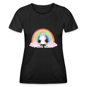 F*ckt euch Einhorn Regenbogen Süß Bunt Wolke - Frauen Funktions-T-Shirt - Schwarz - Vorne - AI Model Female 172 light (172cm)