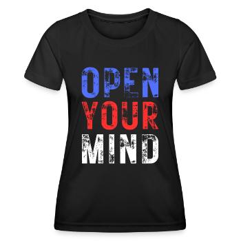 OPEN YOUR MIND – Farbe Blau, Rot, Weiß - Frauen Funktions-T-Shirt - Schwarz - Vorne - AI Model Female 172 light (172cm)