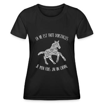 la vie est faite d'obstacles, je m'en fous cheval - T-shirt sport Femme - noir - Devant - AI Model Female 172 light (172cm)